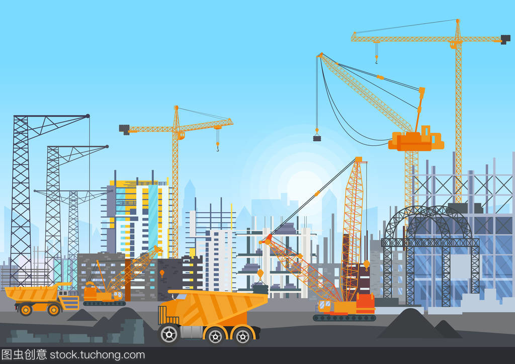 城市天際線建筑物建設(shè)施工用塔式起重機。房屋和建筑機械的建設(shè)工作進(jìn)程。矢量圖
